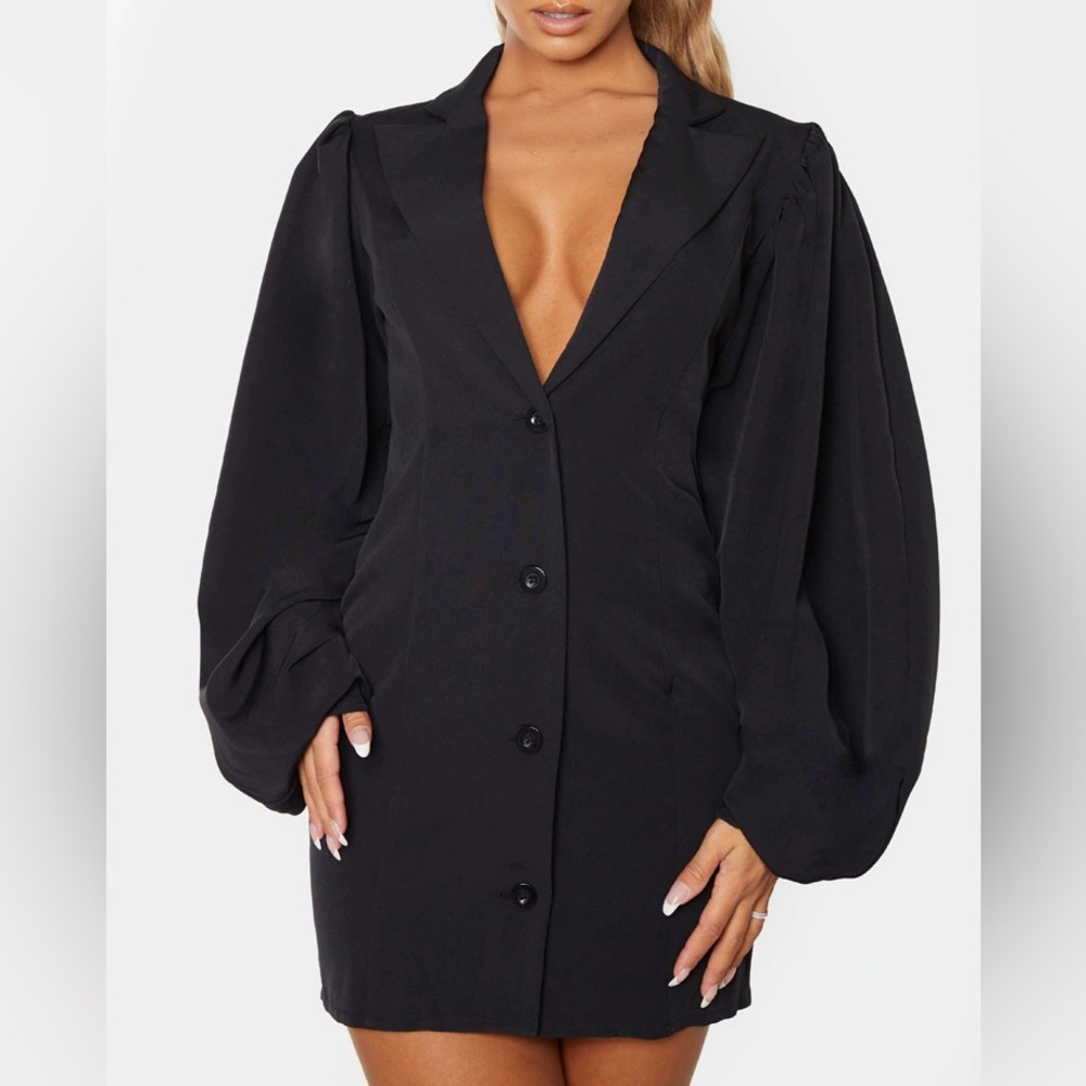 Black Balloon Sleeve Button Down Blazer Dress